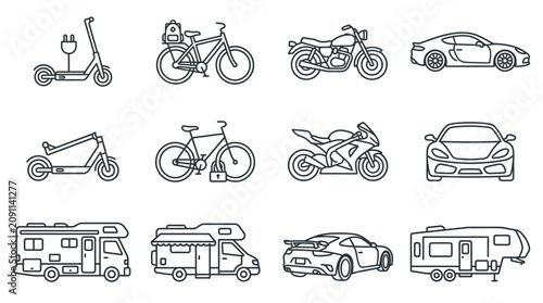 Foto Sleek Black and White Line Art Collection of Various Vehicles and Transportation