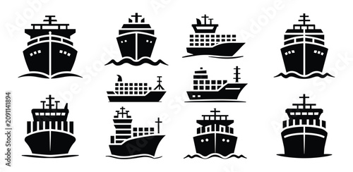 Cargo Ship Collection: A striking graphic collection of various cargo ships in silhouette. maritime transport, shipping industry, freight carrier, logistic vessel, port worker.