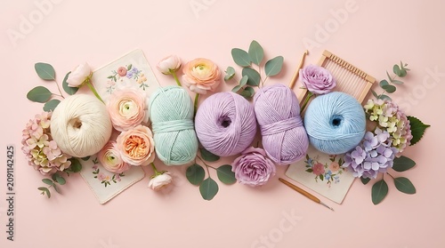 Pastel yarn skeins and floral arrangement