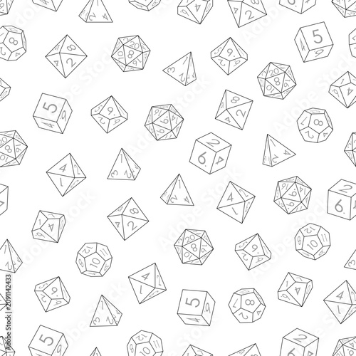 Seamless vector pattern of white DnD dice in outline style