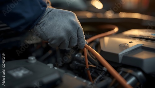 Mechanic wearing protective gloves inspecting orange high voltage electrical cables inside a modern vehicle engine bay during routine maintenance