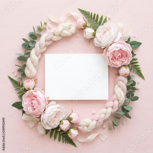 Floral wreath frame with pink roses, eucalyptus, and braided wool on a soft pink background