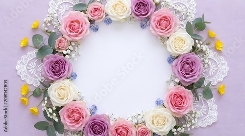 Floral wreath frame with roses and lace on a purple background