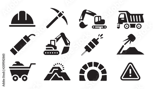 Bild auf Leinwand Mining industry safety and heavy equipment icon set.