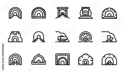 Konstfotografi Tunnel entrance and passage architectural line art icons.