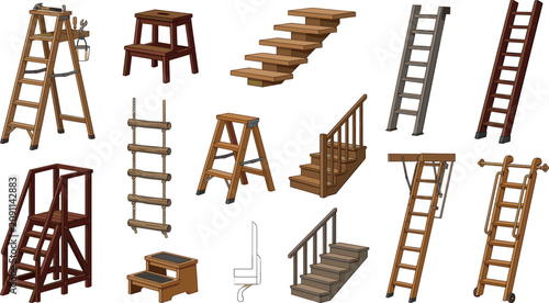Wooden Ladders and Staircases Vector Illustration Set Featuring Stepladders Step Stools Floating Stairs Rope Ladder and Attic Access Icons