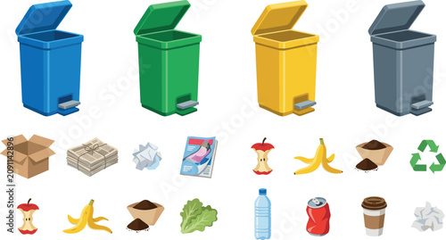 Foto Waste Sorting and Recycling Vector Illustration Set Featuring Blue Green Yellow