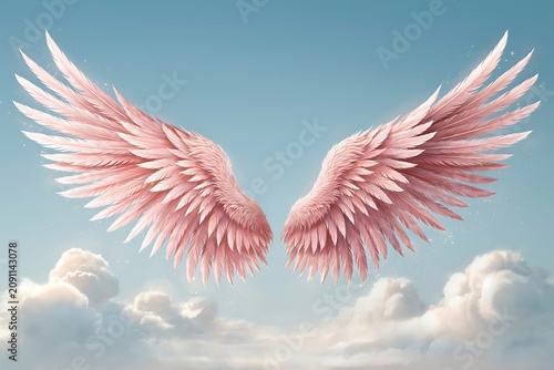 Majestic pink angel wings floating in a dreamy blue sky