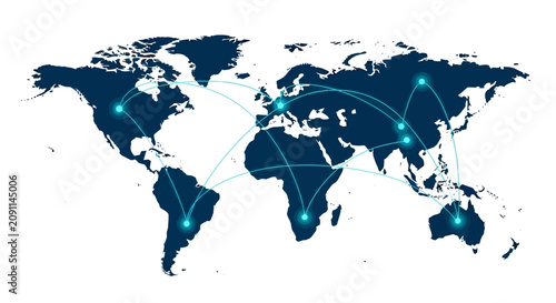 Global Digital Network Connection World Map Illustration with Glowing Lines and Nodes