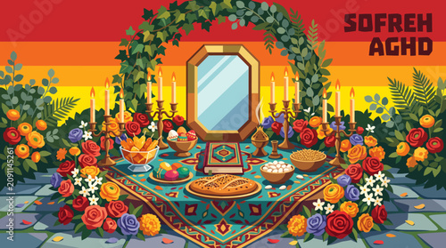 Tableau sur toile Romantic garden Sofreh Aghd wedding table surrounded by abundant flowers, elegan