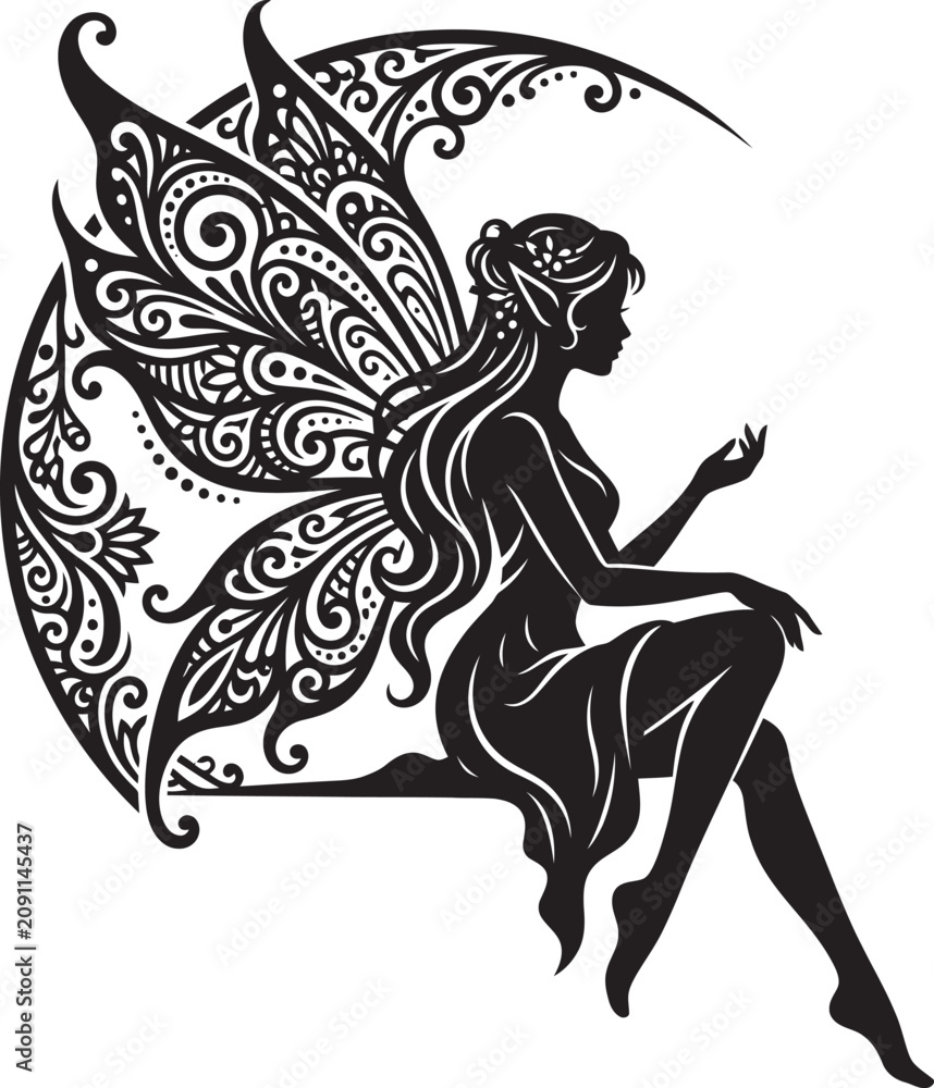 Fototapeta premium Vector Illustration Set of Angel Dragon Eagle Witch Woman and Pegasus Silhouettes with Floral Design Cartoon Animal Art Drawing in Black Style