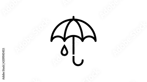 Minimalist black and white outline icon of an open umbrella with a raindrop