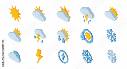 Cuadro en lienzo Colorful flat design weather icons set with sun, cloud, and rain symbols