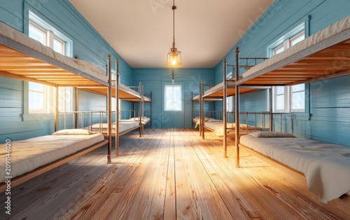 Empty Barracks for Workers at a Coal Mine with Bunk Beds and Light