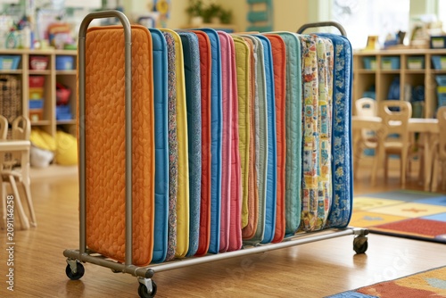 Colorful Nap Mats on Drying Rack in Childcare Room