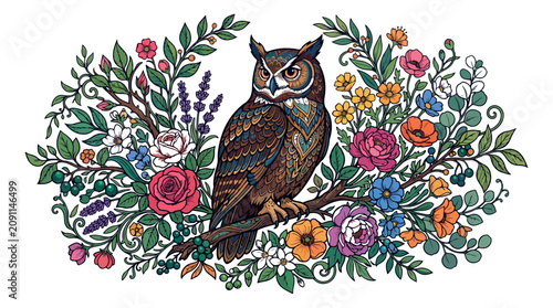Vintage owl illustration with colorful wildflowers, ornate bird perched on a branch vector, botanical floral arrangement with forest owl
