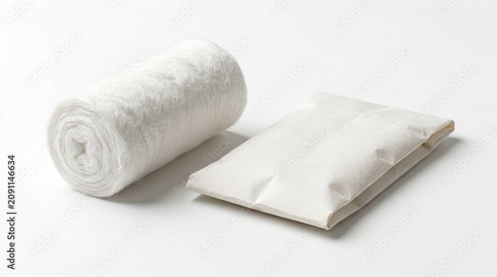 Fototapeta premium Medical disposable supplies surgical gauze rolls and pads for wound care and first aid