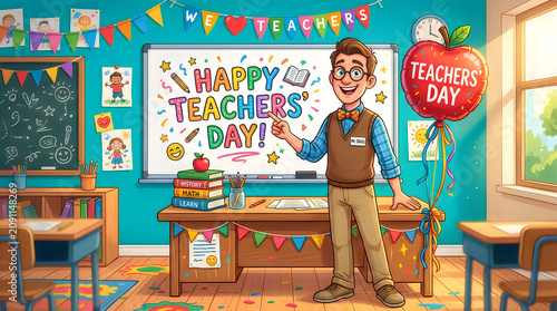 Cartoon teacher standing in classroom on Teachers Day