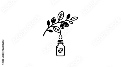 Minimalist line art of olive branch with oil droplet and bottle