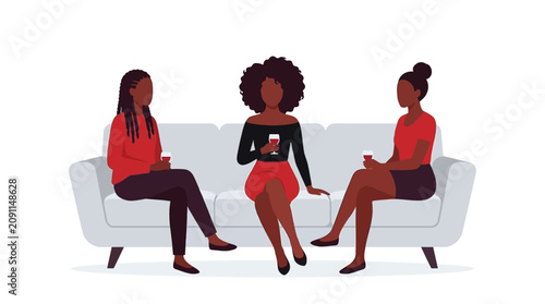 Three diverse Black women friends sitting on a white sofa, enjoying drinks and conversation, flat vector illustration for social gatherings and friendship concepts