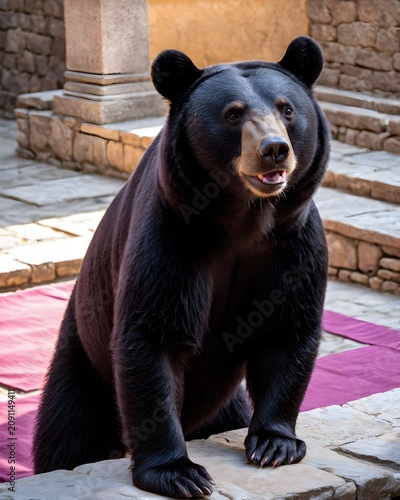 A  asiatic black bear fantasy animal experiment, fictional species   in an ancient stone courtyard