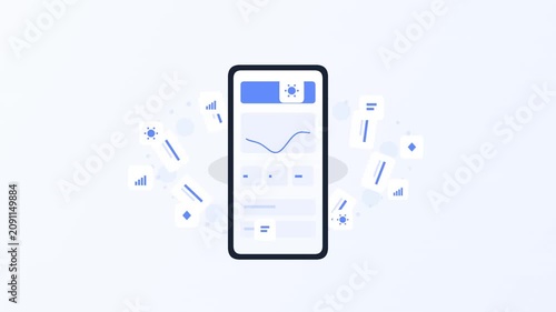 Abstract digital illustration of a smartphone displaying a graph, surrounded by abstract graphic elements on a light background