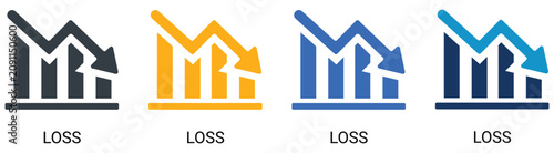 Tableau sur toile Business financial loss and decrease statistic solid icon set, downward arrow on declining bar chart graph, economic bankruptcy and failure vector