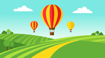 Leinwandbilder Grüne Koralle Colorful hot air balloons float over a lush green landscape in this vibrant vector illustration design perfect for travel themed digital projects  © Purnomo Semlirick