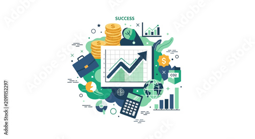 Sustainable Business Growth and Financial Success Vector Illustration with Data Analysis, ESG Investing, and Economic Profit Concept