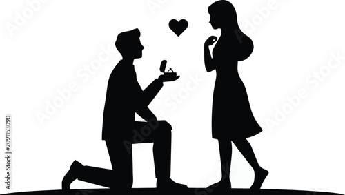 Foto Black silhouette of a man proposing marriage to a woman with a diamond ring and