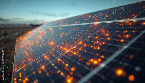 Solar panel surface glows with bright orange light particles representing clean energy conversion flow.