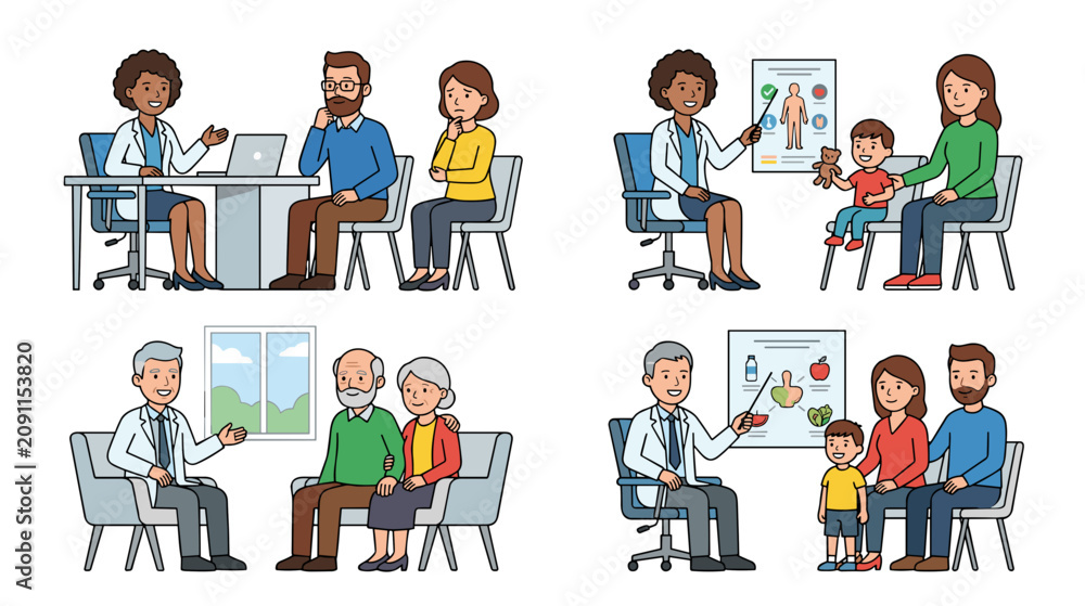 Fototapeta premium Clinical therapy medical counseling and family medicine illustration set