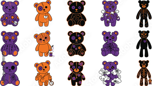 Fotografie Spooky Halloween teddy bear vector set with purple orange and black zombie voodo