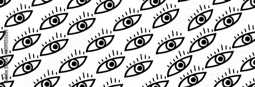 Minimalistic hand drawn eyes with eyelashes on white background, seamless vector pattern.