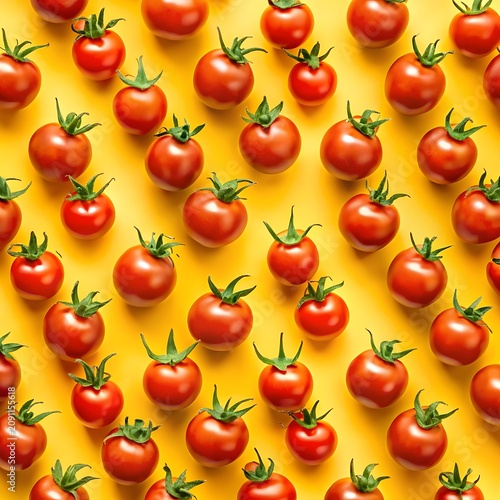 A repeating pattern of fresh red cherry tomatoes with green stems arranged on a bright yellow background, for a vibrant, food style