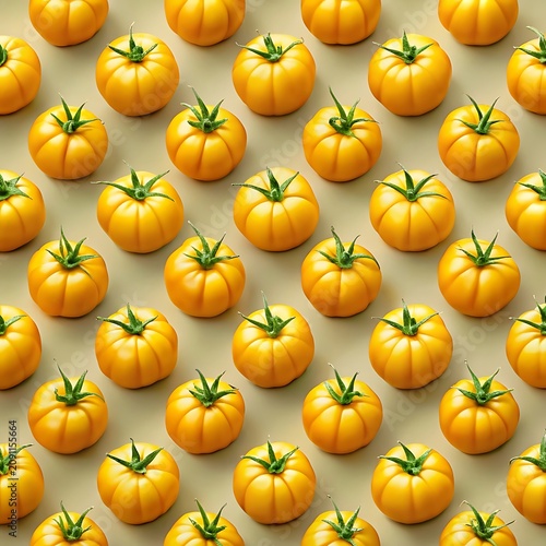 A repeating pattern of fresh yellow tomatoes with green stems arranged on a light olive green background, for a vibrant, food display