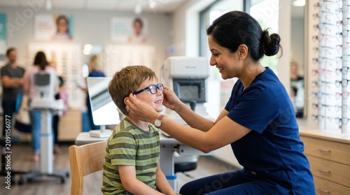 A female ophthalmologist helping a young boy try on new eyeglasses during a pediatric eye care appointment in a modern optical clinic. The doctor gently adjusts the frames.