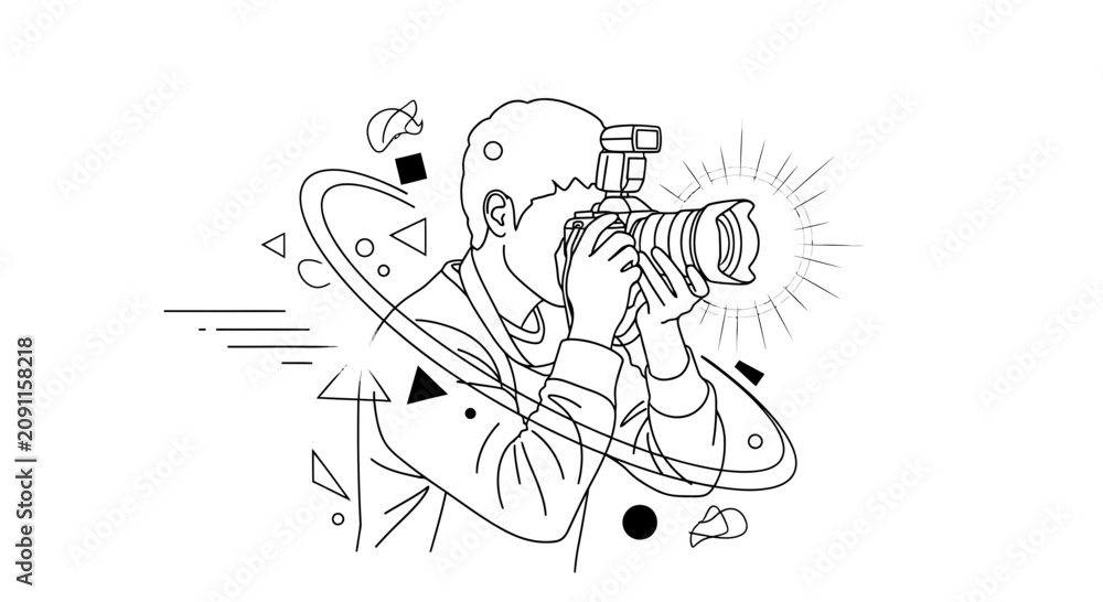 Obraz premium Photographer Capturing Moment with DSLR Camera and Flash, Abstract Shapes