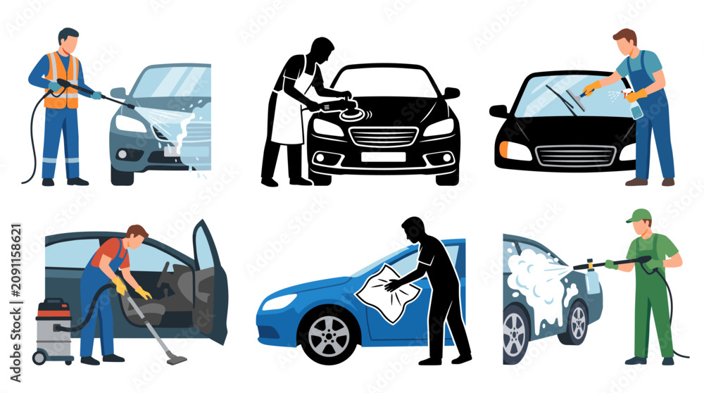 Naklejka premium Professional vector collection featuring different car wash worker poses, spraying vehicle, polishing car, cleaning windshield, vacuuming interior, drying vehicle with towel
