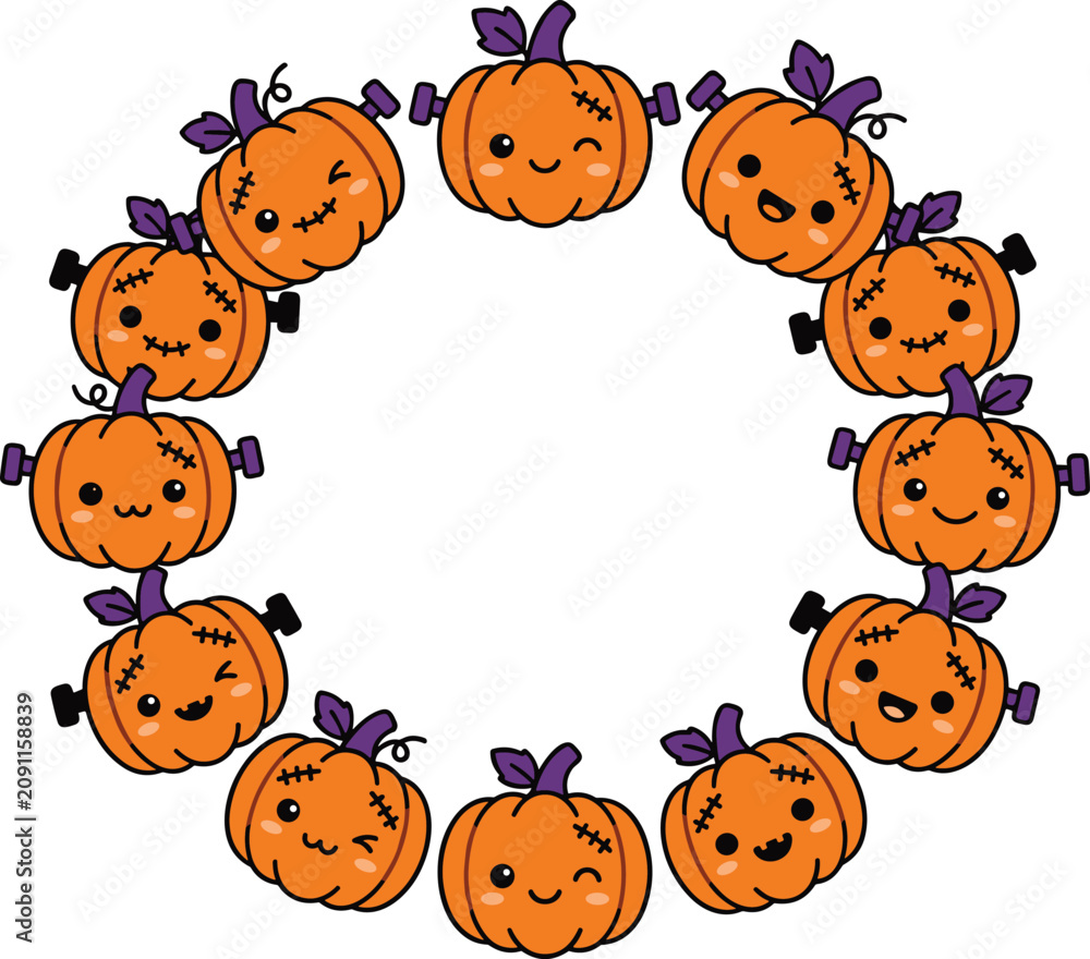 Fototapeta premium Cute Halloween Frankenstein pumpkin wreath vector border with orange and purple kawaii cartoon monster characters on white background
