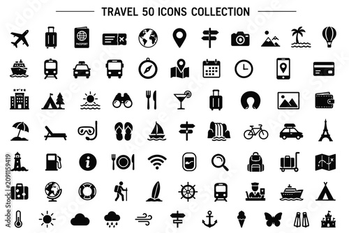 Travel icon set with transportation accommodation navigation vacation and tourism symbols vector illustration