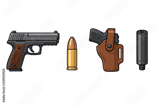 Obraz na płótnie Handgun accessories icon set with pistol ammunition holster and suppressor vecto