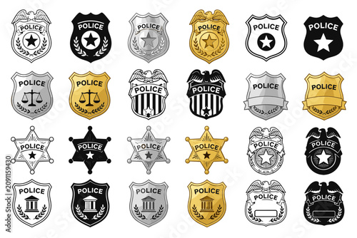 Police badge collection with law enforcement shield emblems in outline black silver and gold styles vector illustration