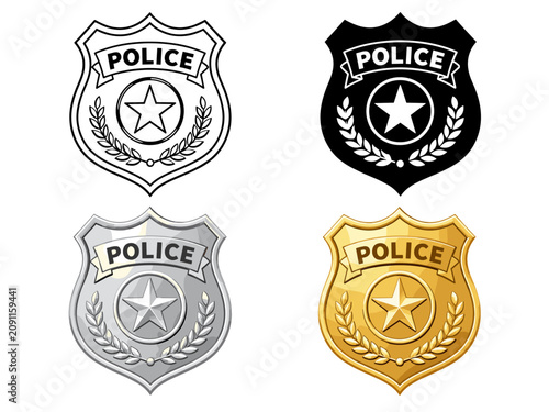 Police badge collection with law enforcement shield emblems in outline black silver and gold styles vector illustration