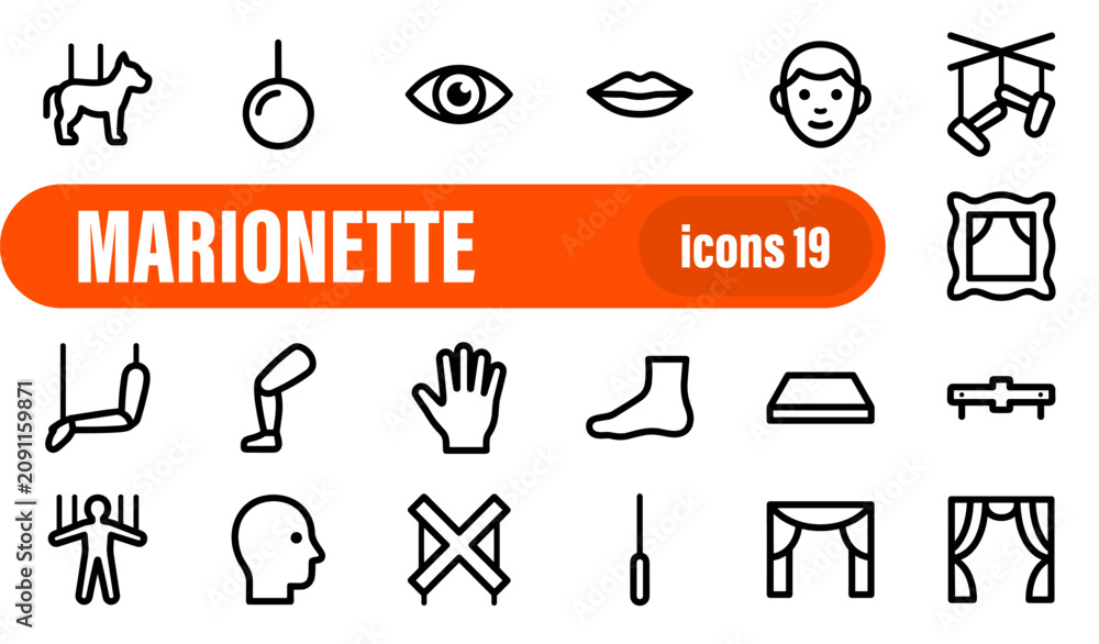 Fototapeta premium Marionette and Puppet Theatre Line Icon Set