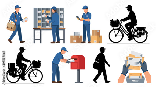 Schilderij op canvas Set of vector collection featuring different postal worker poses, delivering mai