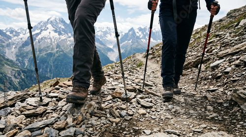 Hikers with trekking poles ascend rocky mountain trail with snow-capped peaks in background