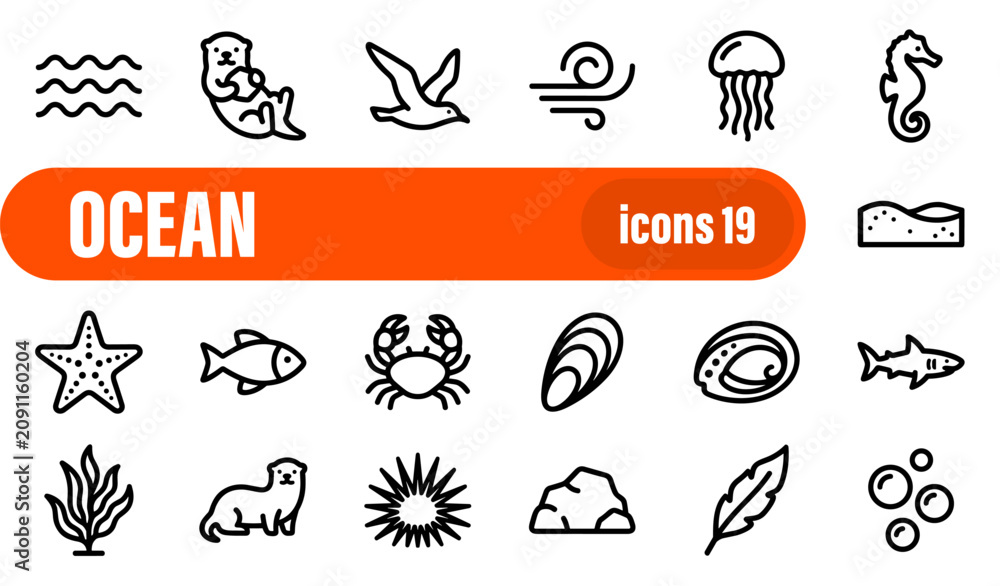 Fototapeta premium Ocean Life and Sea Creatures Icon Set