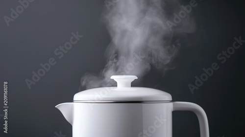 Close-up of steam rising from the spout of a white electric kettle