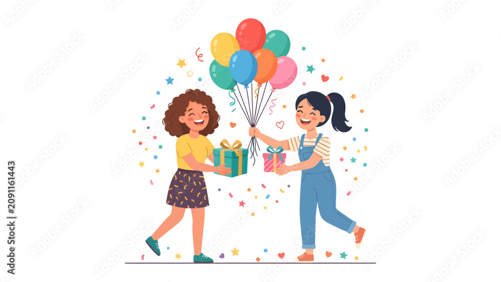 Fototapeta premium Gift Exchange and Celebration: Two smiling girls joyfully exchange presents under a cascade of colorful balloons and confetti, embodying the spirit of friendship and celebration.